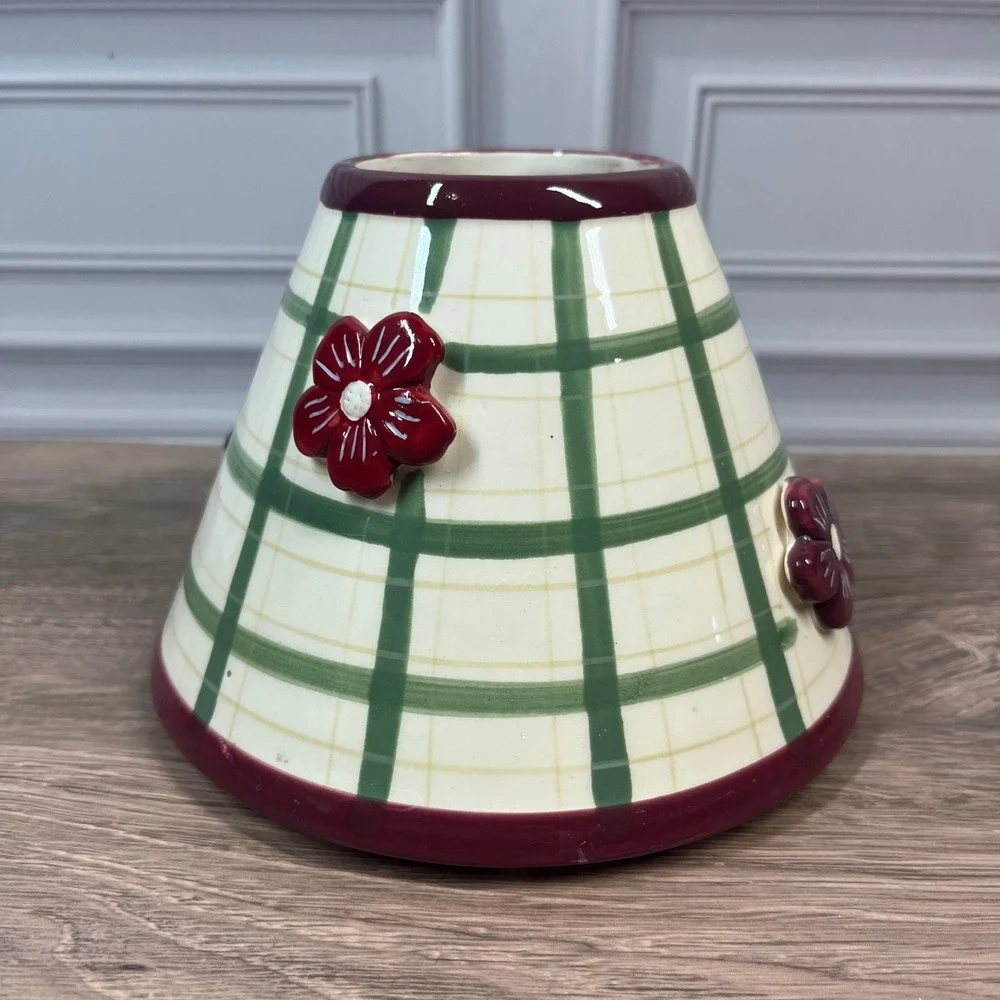 Ceramic Candle Topper Shade Gingham Garden Red Raised Flowers